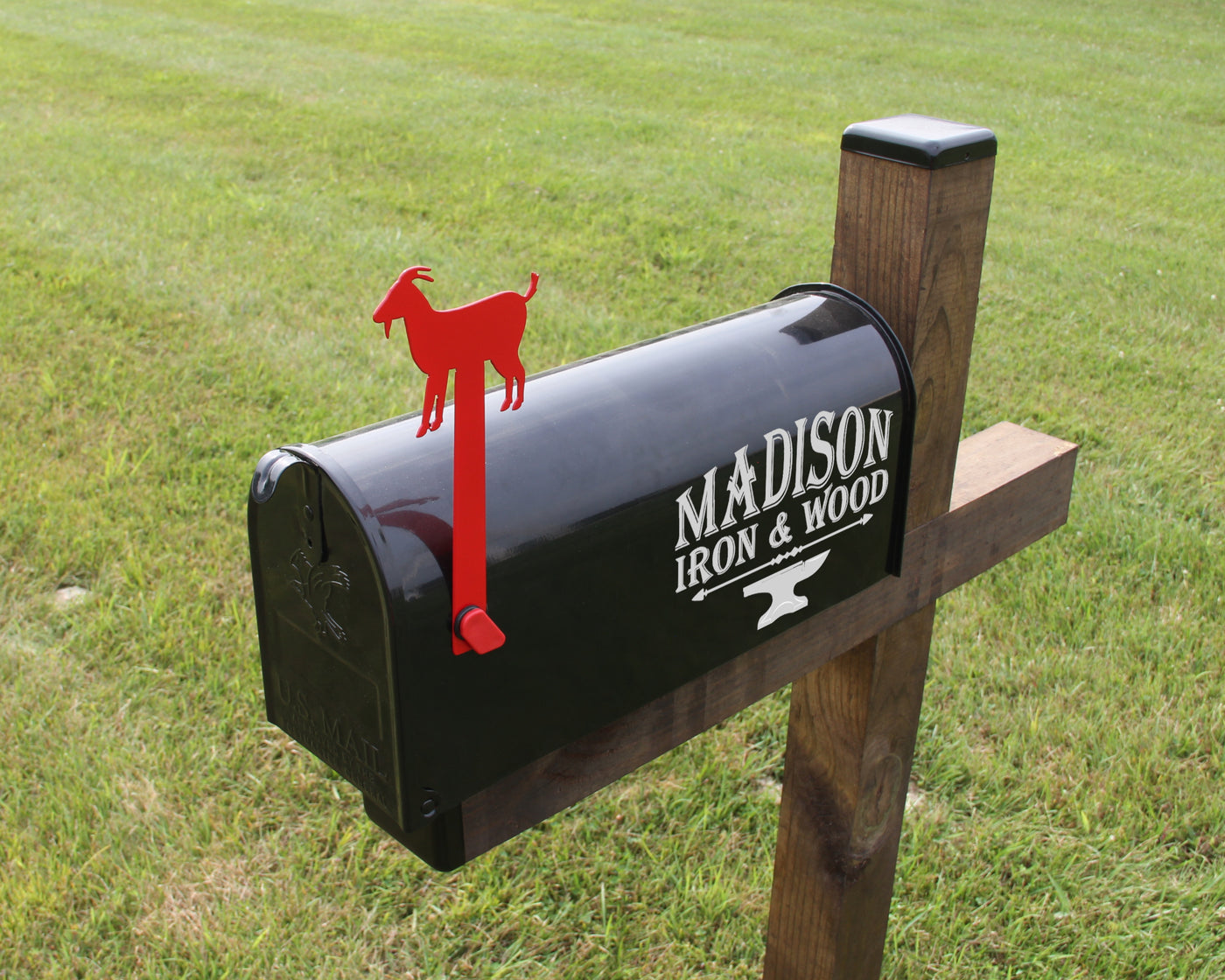 Goat Mailbox Flag - Madison Iron and Wood - Mailbox Post Decor - metal outdoor decor - Steel deocrations - american made products - veteran owned business products - fencing decorations - fencing supplies - custom wall decorations - personalized wall signs - steel - decorative post caps - steel post caps - metal post caps - brackets - structural brackets - home improvement - easter - easter decorations - easter gift - easter yard decor