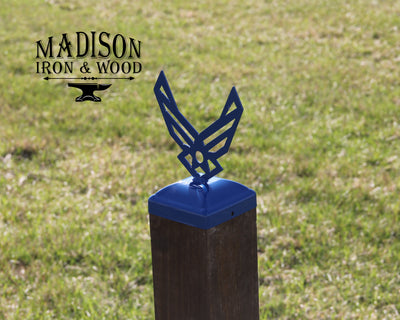 4x4 Air Force Logo Post Cap - Madison Iron and Wood - Post Cap - metal outdoor decor - Steel deocrations - american made products - veteran owned business products - fencing decorations - fencing supplies - custom wall decorations - personalized wall signs - steel - decorative post caps - steel post caps - metal post caps - brackets - structural brackets - home improvement - easter - easter decorations - easter gift - easter yard decor
