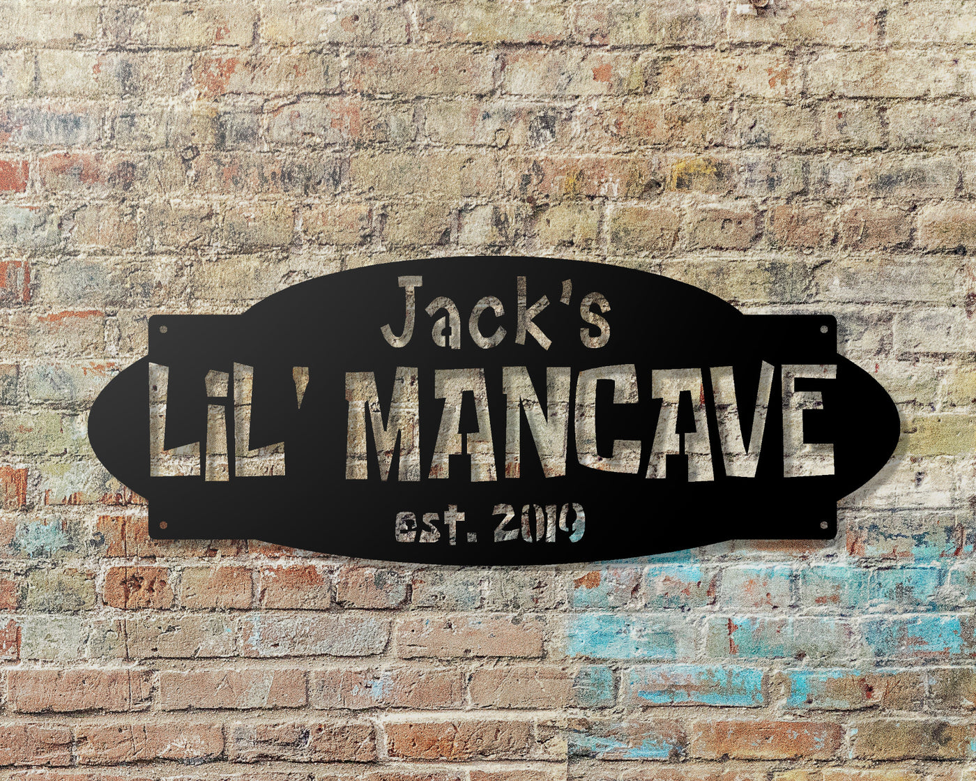 Personalized LiL Mancave Metal Sign with Name and EST. Date - Madison Iron and Wood - Personalized sign - metal outdoor decor - Steel deocrations - american made products - veteran owned business products - fencing decorations - fencing supplies - custom wall decorations - personalized wall signs - steel - decorative post caps - steel post caps - metal post caps - brackets - structural brackets - home improvement - easter - easter decorations - easter gift - easter yard decor