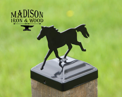 4X4 Trotting Horse Post Cap - Madison Iron and Wood - Post Cap - metal outdoor decor - Steel deocrations - american made products - veteran owned business products - fencing decorations - fencing supplies - custom wall decorations - personalized wall signs - steel - decorative post caps - steel post caps - metal post caps - brackets - structural brackets - home improvement - easter - easter decorations - easter gift - easter yard decor