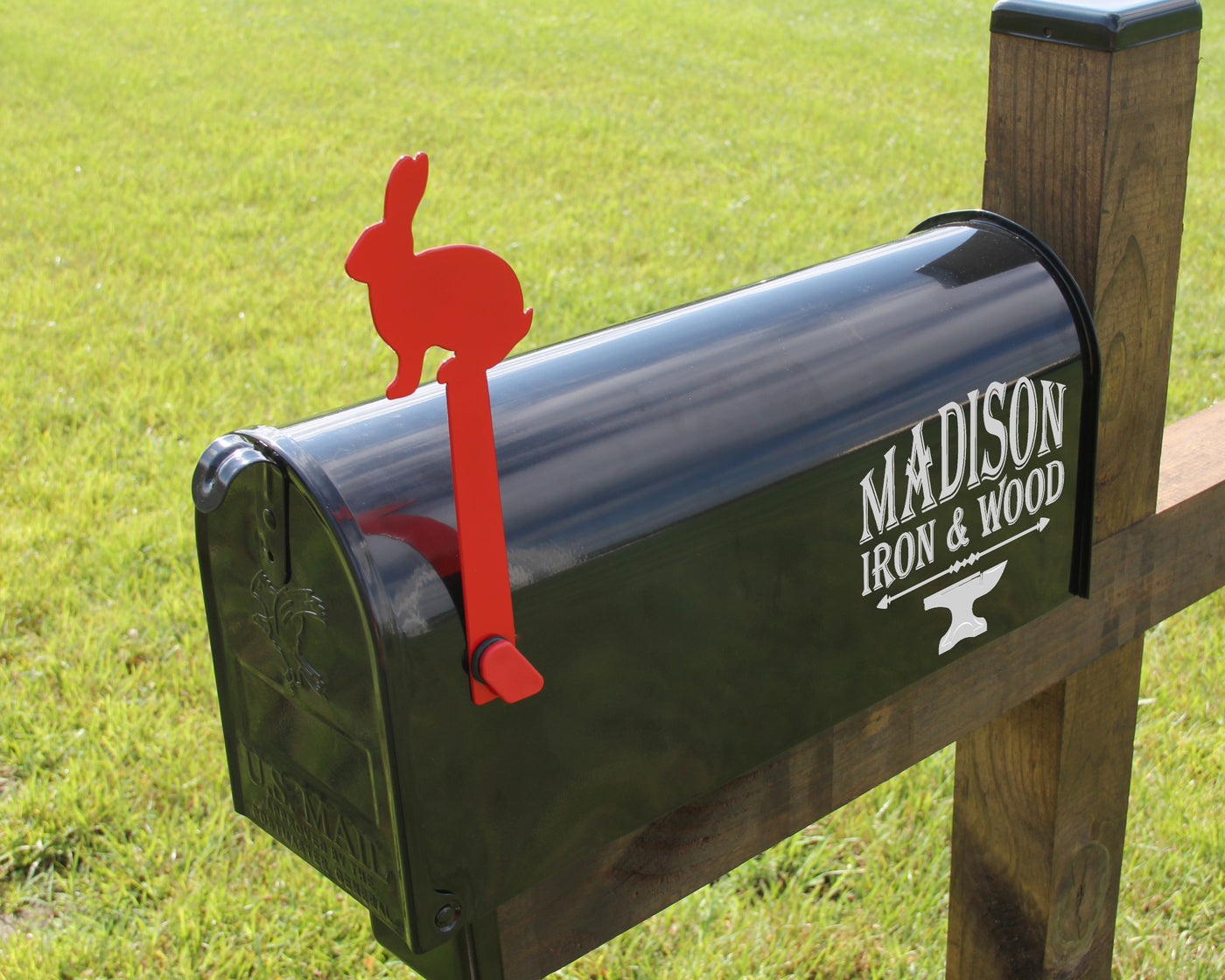 Bunny Mailbox Flag - Madison Iron and Wood - Mailbox Post Decor - metal outdoor decor - Steel deocrations - american made products - veteran owned business products - fencing decorations - fencing supplies - custom wall decorations - personalized wall signs - steel - decorative post caps - steel post caps - metal post caps - brackets - structural brackets - home improvement - easter - easter decorations - easter gift - easter yard decor