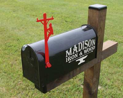 Lineman Mailbox Flag - Madison Iron and Wood - Mailbox Post Decor - metal outdoor decor - Steel deocrations - american made products - veteran owned business products - fencing decorations - fencing supplies - custom wall decorations - personalized wall signs - steel - decorative post caps - steel post caps - metal post caps - brackets - structural brackets - home improvement - easter - easter decorations - easter gift - easter yard decor