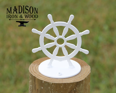 Ship Wheel Post Top For Round Wood Fence Post - Madison Iron and Wood - Post Cap - metal outdoor decor - Steel deocrations - american made products - veteran owned business products - fencing decorations - fencing supplies - custom wall decorations - personalized wall signs - steel - decorative post caps - steel post caps - metal post caps - brackets - structural brackets - home improvement - easter - easter decorations - easter gift - easter yard decor