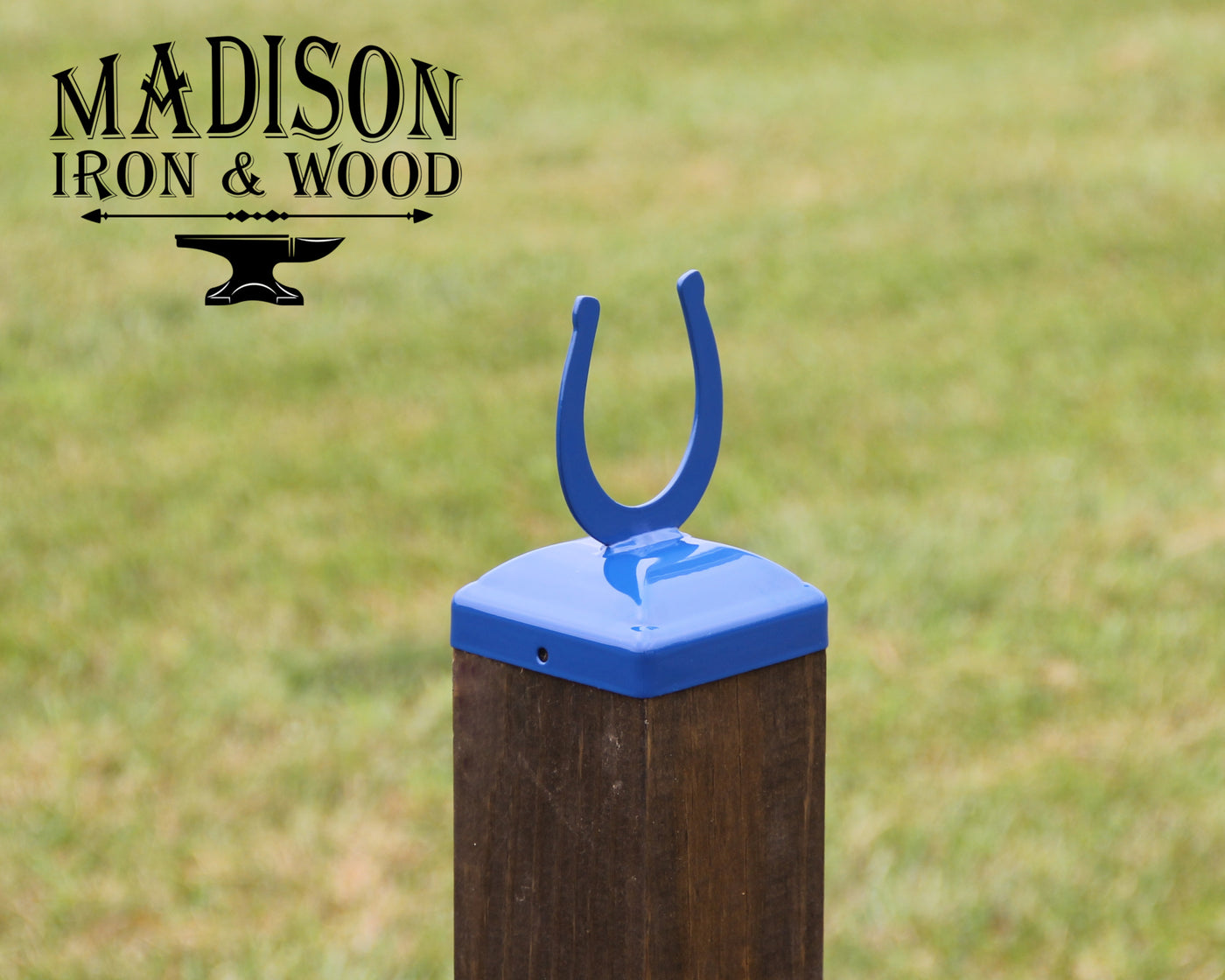 4X4 Horseshoe Post Cap - Madison Iron and Wood - Post Cap - metal outdoor decor - Steel deocrations - american made products - veteran owned business products - fencing decorations - fencing supplies - custom wall decorations - personalized wall signs - steel - decorative post caps - steel post caps - metal post caps - brackets - structural brackets - home improvement - easter - easter decorations - easter gift - easter yard decor