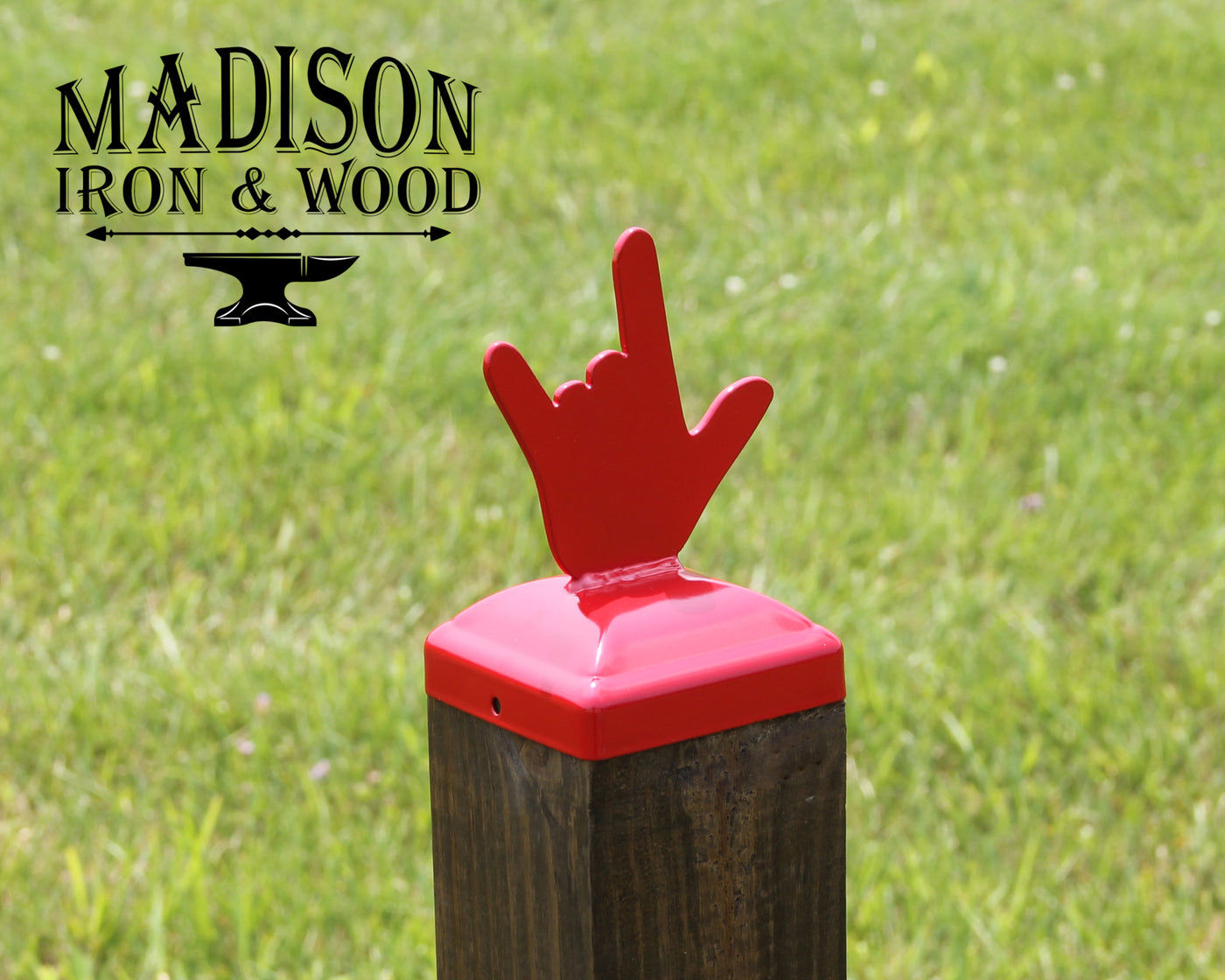 4x4 Love Hand Gesture Post Cap - Madison Iron and Wood - Post Cap - metal outdoor decor - Steel deocrations - american made products - veteran owned business products - fencing decorations - fencing supplies - custom wall decorations - personalized wall signs - steel - decorative post caps - steel post caps - metal post caps - brackets - structural brackets - home improvement - easter - easter decorations - easter gift - easter yard decor
