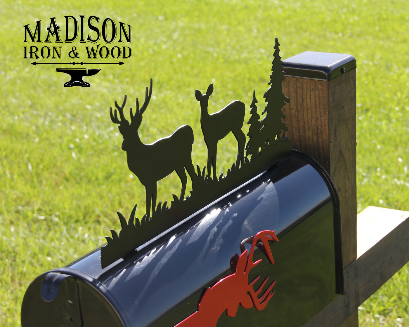 Deer and Doe Mailbox Topper - Madison Iron and Wood - Mailbox Post Decor - metal outdoor decor - Steel deocrations - american made products - veteran owned business products - fencing decorations - fencing supplies - custom wall decorations - personalized wall signs - steel - decorative post caps - steel post caps - metal post caps - brackets - structural brackets - home improvement - easter - easter decorations - easter gift - easter yard decor