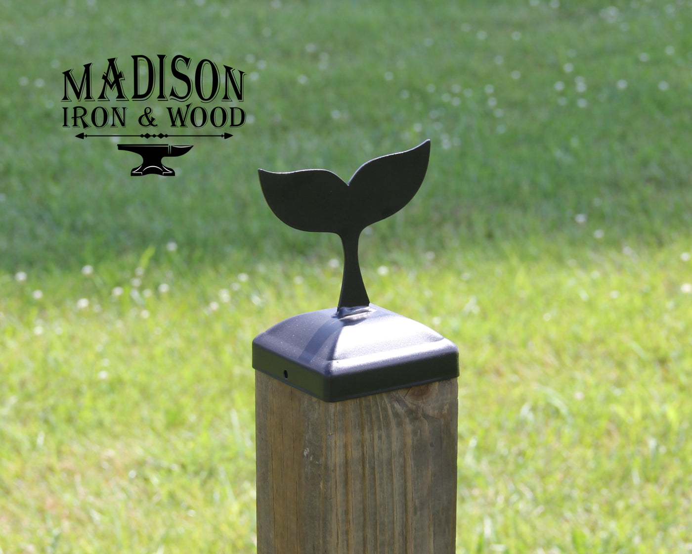 4x4 Whale Tail Post Cap - Madison Iron and Wood - Post Cap - metal outdoor decor - Steel deocrations - american made products - veteran owned business products - fencing decorations - fencing supplies - custom wall decorations - personalized wall signs - steel - decorative post caps - steel post caps - metal post caps - brackets - structural brackets - home improvement - easter - easter decorations - easter gift - easter yard decor
