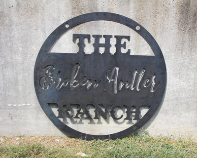 Personalized The Ranch, Round Metal Sign with Name - Madison Iron and Wood - Personalized sign - metal outdoor decor - Steel deocrations - american made products - veteran owned business products - fencing decorations - fencing supplies - custom wall decorations - personalized wall signs - steel - decorative post caps - steel post caps - metal post caps - brackets - structural brackets - home improvement - easter - easter decorations - easter gift - easter yard decor