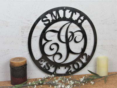 Personalized Monogram Initials Circle Metal Sign with Name and EST. Date - Madison Iron and Wood - Monogram Sign - metal outdoor decor - Steel deocrations - american made products - veteran owned business products - fencing decorations - fencing supplies - custom wall decorations - personalized wall signs - steel - decorative post caps - steel post caps - metal post caps - brackets - structural brackets - home improvement - easter - easter decorations - easter gift - easter yard decor