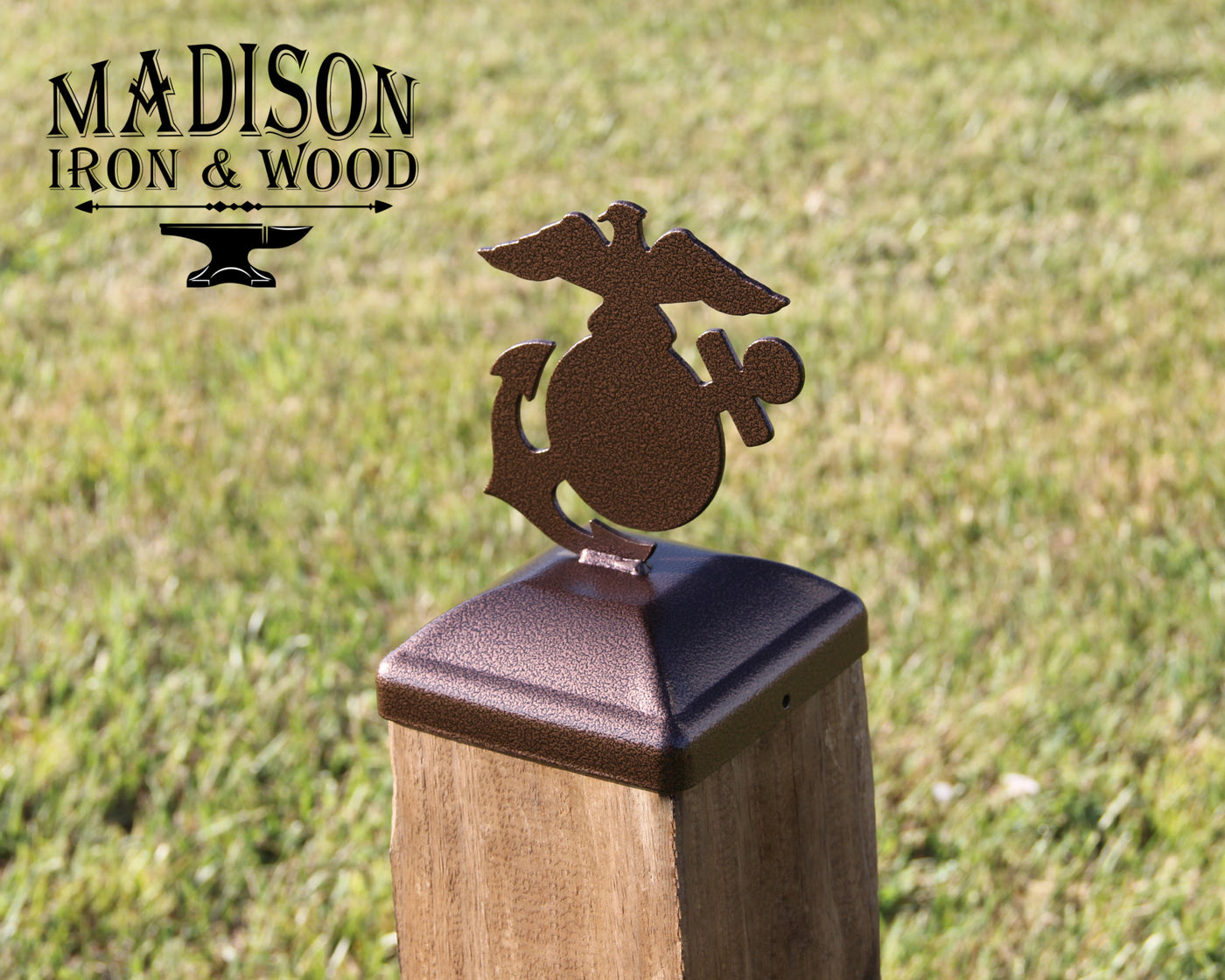 6x6 Marines Logo Post Cap - Madison Iron and Wood - Post Cap - metal outdoor decor - Steel deocrations - american made products - veteran owned business products - fencing decorations - fencing supplies - custom wall decorations - personalized wall signs - steel - decorative post caps - steel post caps - metal post caps - brackets - structural brackets - home improvement - easter - easter decorations - easter gift - easter yard decor