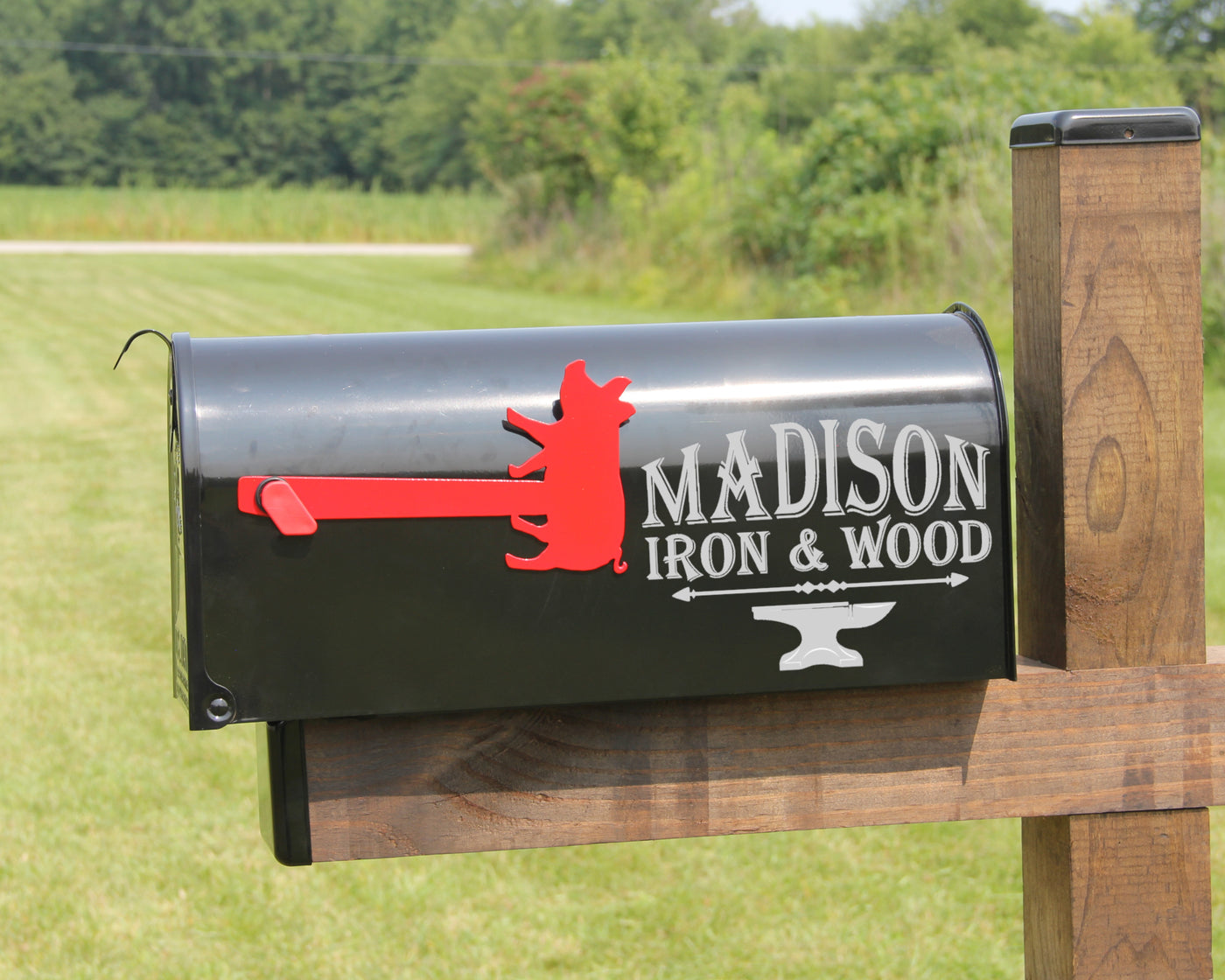 Pig Mailbox Flag - Madison Iron and Wood - Mailbox Post Decor - metal outdoor decor - Steel deocrations - american made products - veteran owned business products - fencing decorations - fencing supplies - custom wall decorations - personalized wall signs - steel - decorative post caps - steel post caps - metal post caps - brackets - structural brackets - home improvement - easter - easter decorations - easter gift - easter yard decor