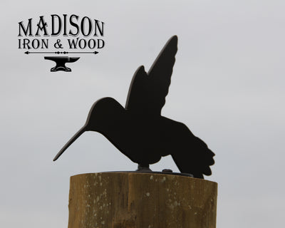 Hummingbird Post Top For Round Wood Posts - Madison Iron and Wood - Post Cap - metal outdoor decor - Steel deocrations - american made products - veteran owned business products - fencing decorations - fencing supplies - custom wall decorations - personalized wall signs - steel - decorative post caps - steel post caps - metal post caps - brackets - structural brackets - home improvement - easter - easter decorations - easter gift - easter yard decor