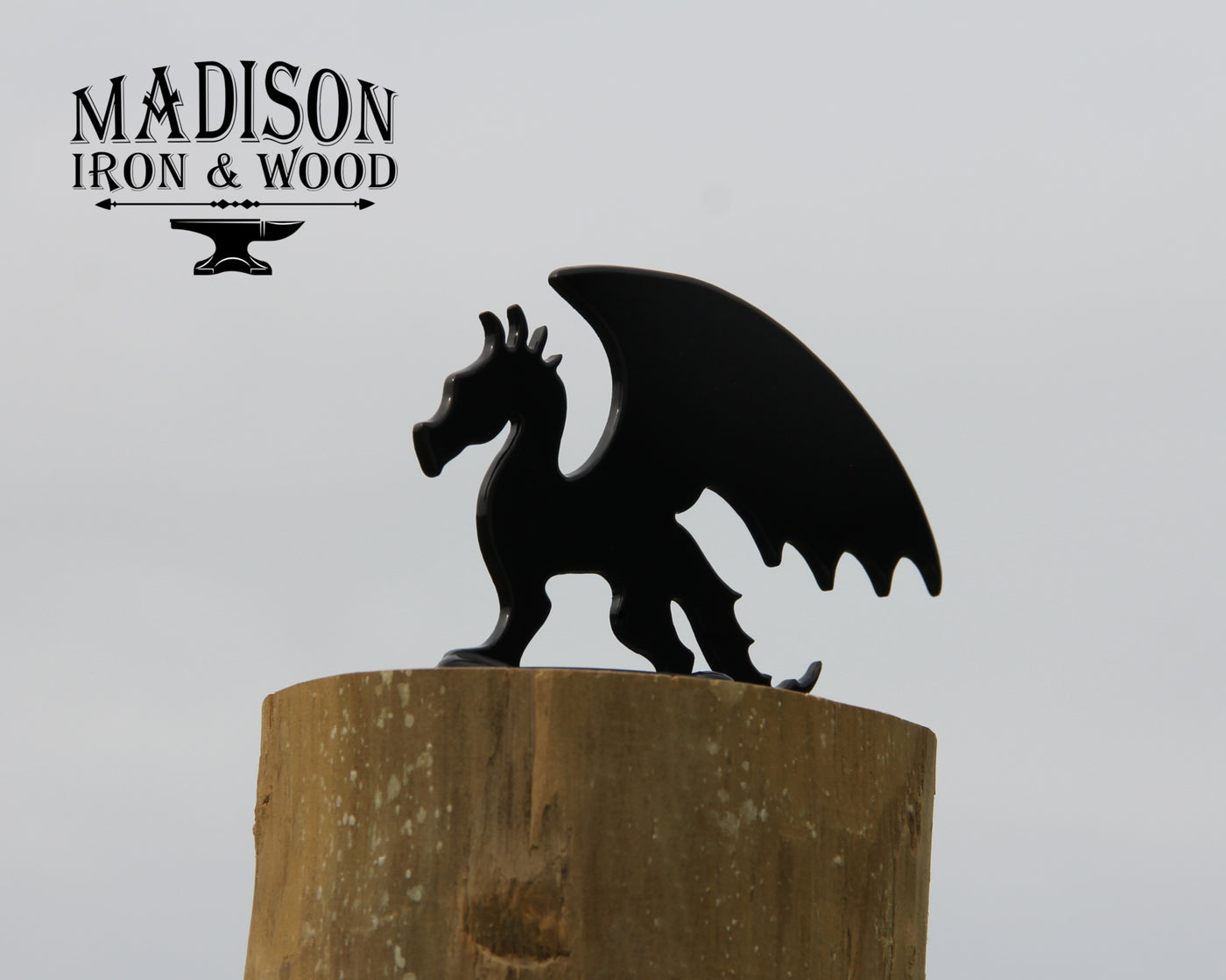 Dragon Post Top For Round Wood Fence Post - Madison Iron and Wood - Post Cap - metal outdoor decor - Steel deocrations - american made products - veteran owned business products - fencing decorations - fencing supplies - custom wall decorations - personalized wall signs - steel - decorative post caps - steel post caps - metal post caps - brackets - structural brackets - home improvement - easter - easter decorations - easter gift - easter yard decor