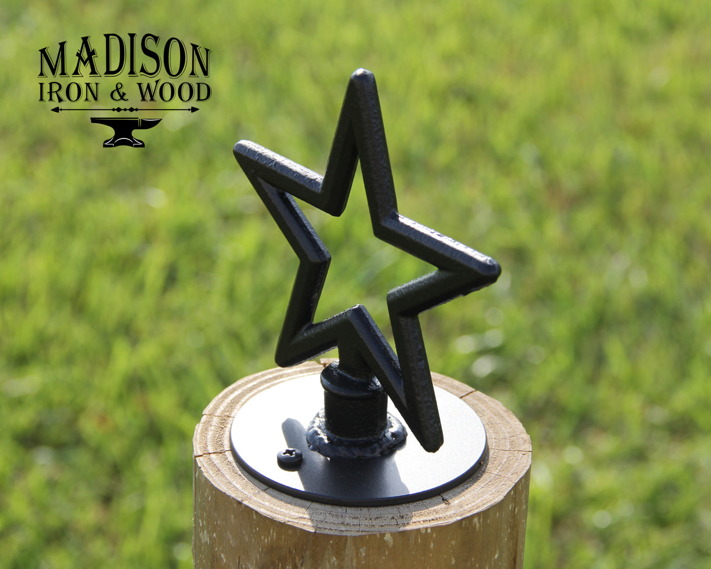 Star Post Top For Round Wood Fence Post - Madison Iron and Wood - Post Cap - metal outdoor decor - Steel deocrations - american made products - veteran owned business products - fencing decorations - fencing supplies - custom wall decorations - personalized wall signs - steel - decorative post caps - steel post caps - metal post caps - brackets - structural brackets - home improvement - easter - easter decorations - easter gift - easter yard decor
