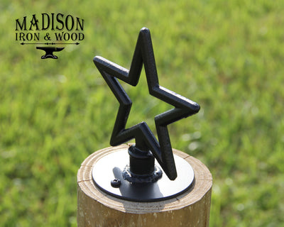 Star Post Top For Round Wood Fence Post - Madison Iron and Wood - Post Cap - metal outdoor decor - Steel deocrations - american made products - veteran owned business products - fencing decorations - fencing supplies - custom wall decorations - personalized wall signs - steel - decorative post caps - steel post caps - metal post caps - brackets - structural brackets - home improvement - easter - easter decorations - easter gift - easter yard decor