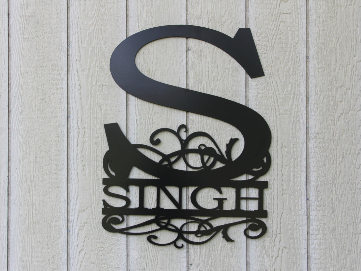 Personalized Scrolled Monogram Metal Sign with Name - Madison Iron and Wood - Monogram Sign - metal outdoor decor - Steel deocrations - american made products - veteran owned business products - fencing decorations - fencing supplies - custom wall decorations - personalized wall signs - steel - decorative post caps - steel post caps - metal post caps - brackets - structural brackets - home improvement - easter - easter decorations - easter gift - easter yard decor
