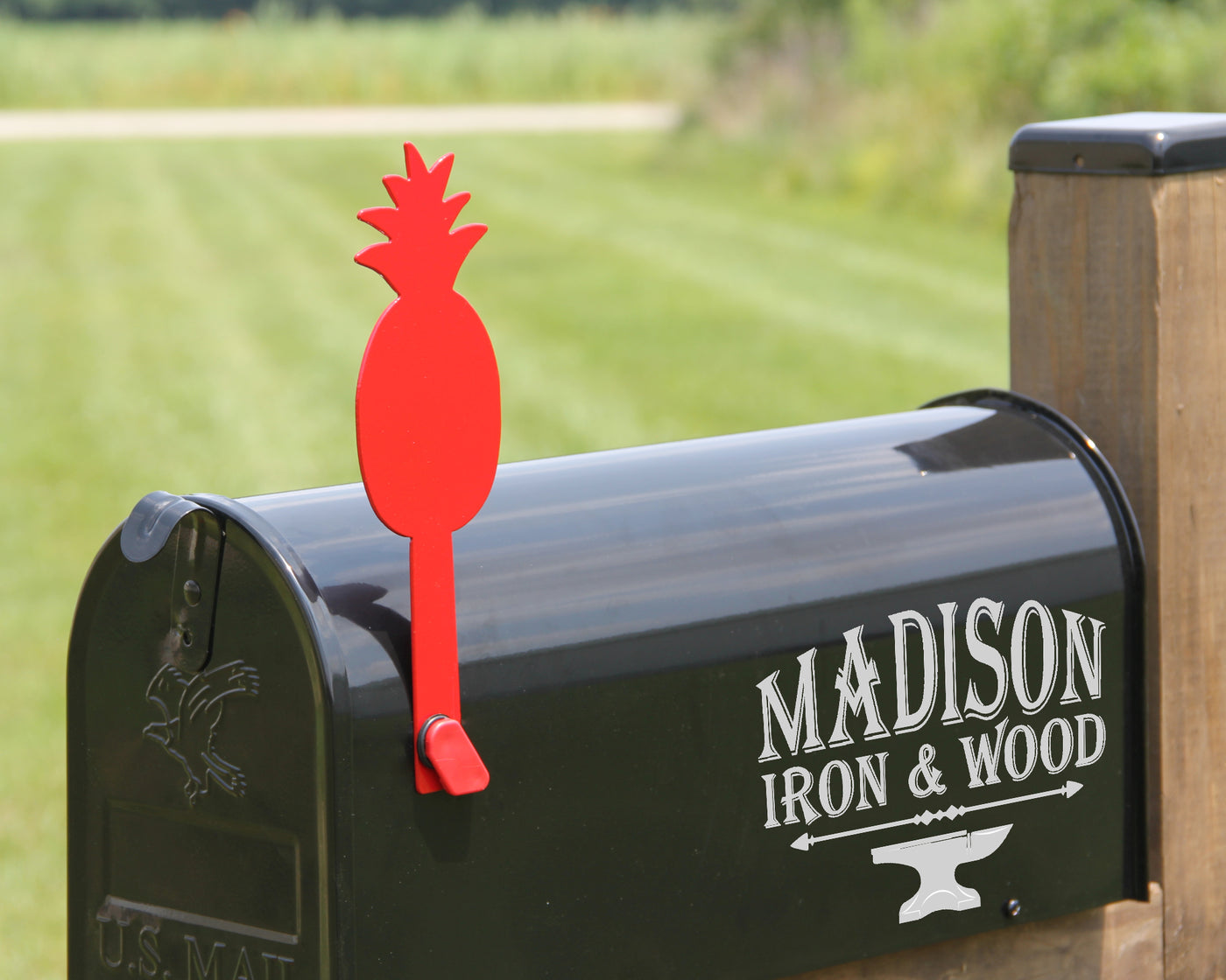 Pineapple Mailbox Flag - Madison Iron and Wood - Mailbox Post Decor - metal outdoor decor - Steel deocrations - american made products - veteran owned business products - fencing decorations - fencing supplies - custom wall decorations - personalized wall signs - steel - decorative post caps - steel post caps - metal post caps - brackets - structural brackets - home improvement - easter - easter decorations - easter gift - easter yard decor