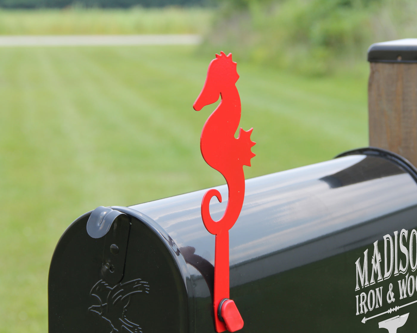 Sea Horse Mailbox Flag - Madison Iron and Wood - Mailbox Post Decor - metal outdoor decor - Steel deocrations - american made products - veteran owned business products - fencing decorations - fencing supplies - custom wall decorations - personalized wall signs - steel - decorative post caps - steel post caps - metal post caps - brackets - structural brackets - home improvement - easter - easter decorations - easter gift - easter yard decor