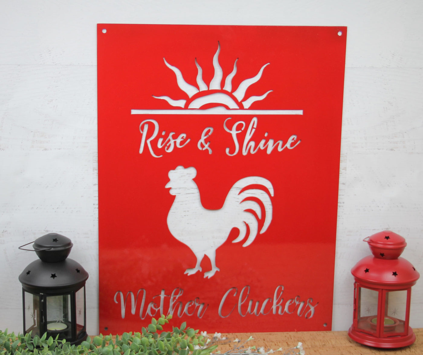 Rise and Shine Mother Cluckers, Metal Word Sign - Madison Iron and Wood - Wall Art - metal outdoor decor - Steel deocrations - american made products - veteran owned business products - fencing decorations - fencing supplies - custom wall decorations - personalized wall signs - steel - decorative post caps - steel post caps - metal post caps - brackets - structural brackets - home improvement - easter - easter decorations - easter gift - easter yard decor