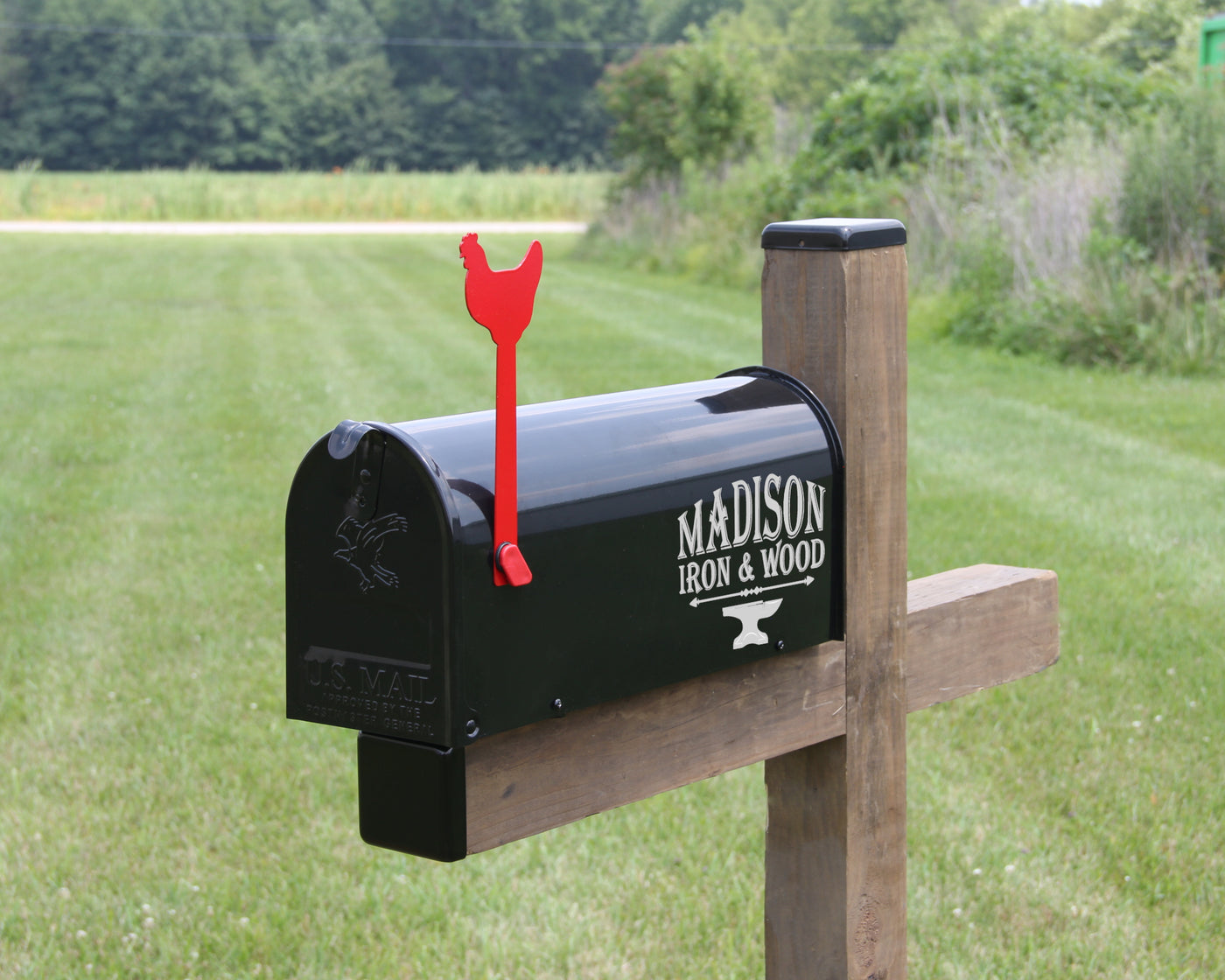 Chicken Mailbox Flag - Madison Iron and Wood - Mailbox Post Decor - metal outdoor decor - Steel deocrations - american made products - veteran owned business products - fencing decorations - fencing supplies - custom wall decorations - personalized wall signs - steel - decorative post caps - steel post caps - metal post caps - brackets - structural brackets - home improvement - easter - easter decorations - easter gift - easter yard decor