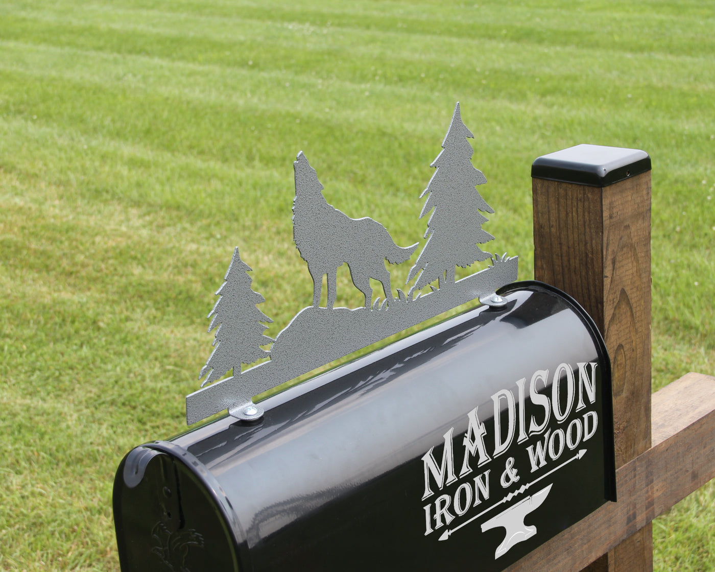 Wolf Mailbox Topper - Madison Iron and Wood - Mailbox Post Decor - metal outdoor decor - Steel deocrations - american made products - veteran owned business products - fencing decorations - fencing supplies - custom wall decorations - personalized wall signs - steel - decorative post caps - steel post caps - metal post caps - brackets - structural brackets - home improvement - easter - easter decorations - easter gift - easter yard decor