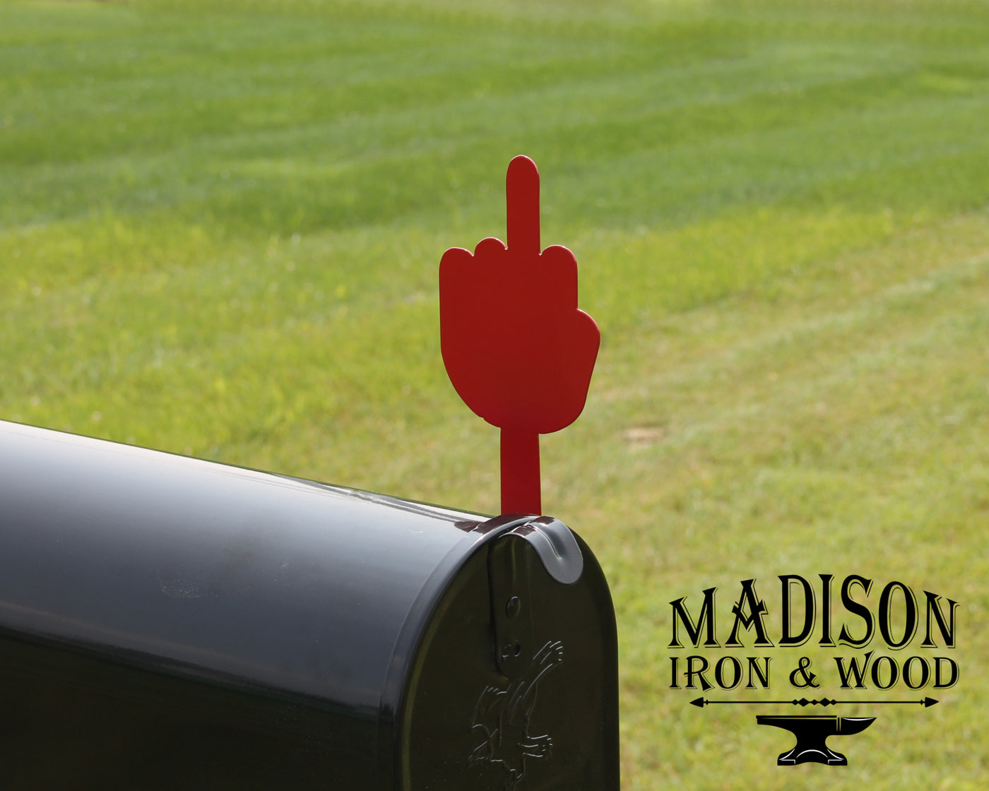 Middle Finger Mailbox Flag - Madison Iron and Wood - Mailbox Post Decor - metal outdoor decor - Steel deocrations - american made products - veteran owned business products - fencing decorations - fencing supplies - custom wall decorations - personalized wall signs - steel - decorative post caps - steel post caps - metal post caps - brackets - structural brackets - home improvement - easter - easter decorations - easter gift - easter yard decor