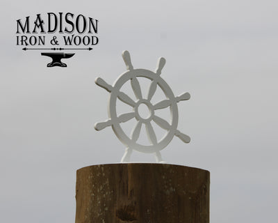 Ship Wheel Post Top For Round Wood Fence Post - Madison Iron and Wood - Post Cap - metal outdoor decor - Steel deocrations - american made products - veteran owned business products - fencing decorations - fencing supplies - custom wall decorations - personalized wall signs - steel - decorative post caps - steel post caps - metal post caps - brackets - structural brackets - home improvement - easter - easter decorations - easter gift - easter yard decor