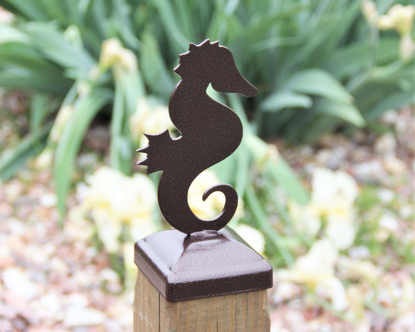 4x4 Seahorse Post Cap - Madison Iron and Wood - Post Cap - metal outdoor decor - Steel deocrations - american made products - veteran owned business products - fencing decorations - fencing supplies - custom wall decorations - personalized wall signs - steel - decorative post caps - steel post caps - metal post caps - brackets - structural brackets - home improvement - easter - easter decorations - easter gift - easter yard decor