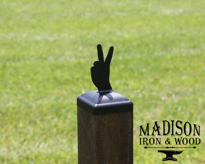 4x4 Peace Hand Gesture Post Cap - Madison Iron and Wood - Post Cap - metal outdoor decor - Steel deocrations - american made products - veteran owned business products - fencing decorations - fencing supplies - custom wall decorations - personalized wall signs - steel - decorative post caps - steel post caps - metal post caps - brackets - structural brackets - home improvement - easter - easter decorations - easter gift - easter yard decor