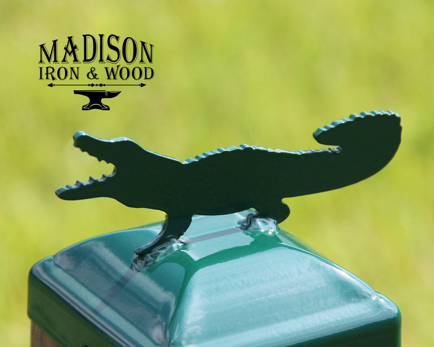4x4 Alligator Post Cap - Madison Iron and Wood - Post Cap - metal outdoor decor - Steel deocrations - american made products - veteran owned business products - fencing decorations - fencing supplies - custom wall decorations - personalized wall signs - steel - decorative post caps - steel post caps - metal post caps - brackets - structural brackets - home improvement - mothers day - mothers day gift - mothers day ideas - summer decor - spring decor- spring yard decor - summer yard decor