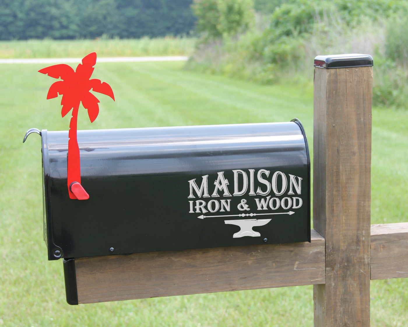 Palm Tree Mailbox Flag - Madison Iron and Wood - Mailbox Post Decor - metal outdoor decor - Steel deocrations - american made products - veteran owned business products - fencing decorations - fencing supplies - custom wall decorations - personalized wall signs - steel - decorative post caps - steel post caps - metal post caps - brackets - structural brackets - home improvement - easter - easter decorations - easter gift - easter yard decor