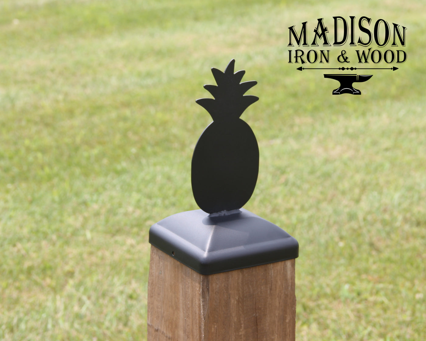 6x6 Pineapple Post Cap - Madison Iron and Wood - Post Cap - metal outdoor decor - Steel deocrations - american made products - veteran owned business products - fencing decorations - fencing supplies - custom wall decorations - personalized wall signs - steel - decorative post caps - steel post caps - metal post caps - brackets - structural brackets - home improvement - easter - easter decorations - easter gift - easter yard decor