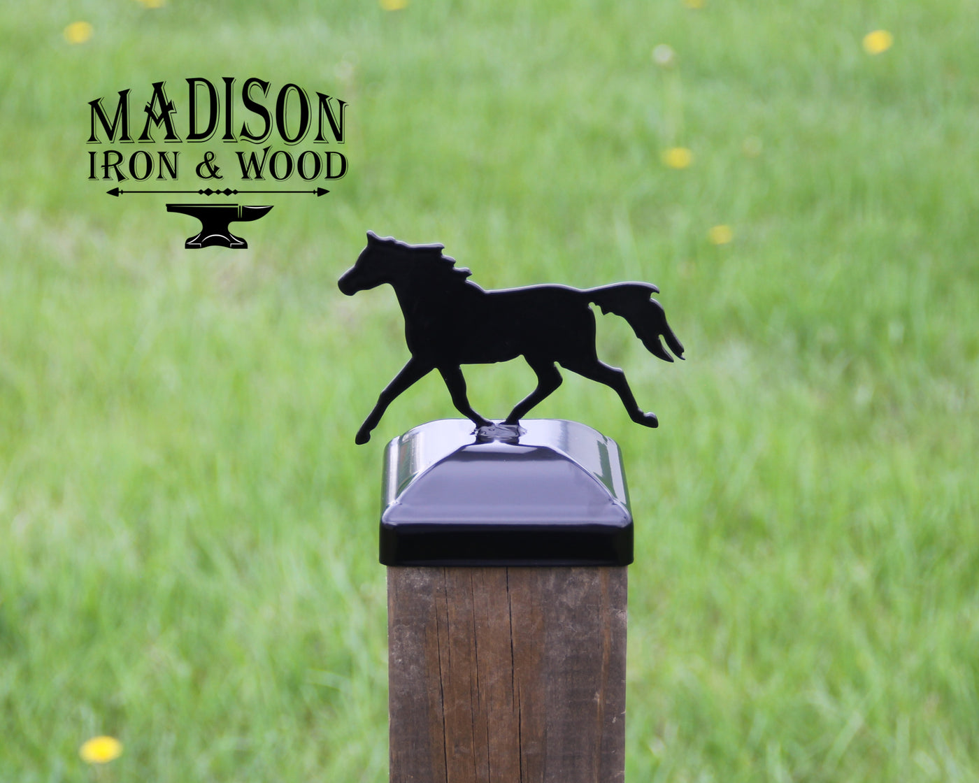 4X4 Trotting Horse Post Cap - Madison Iron and Wood - Post Cap - metal outdoor decor - Steel deocrations - american made products - veteran owned business products - fencing decorations - fencing supplies - custom wall decorations - personalized wall signs - steel - decorative post caps - steel post caps - metal post caps - brackets - structural brackets - home improvement - easter - easter decorations - easter gift - easter yard decor
