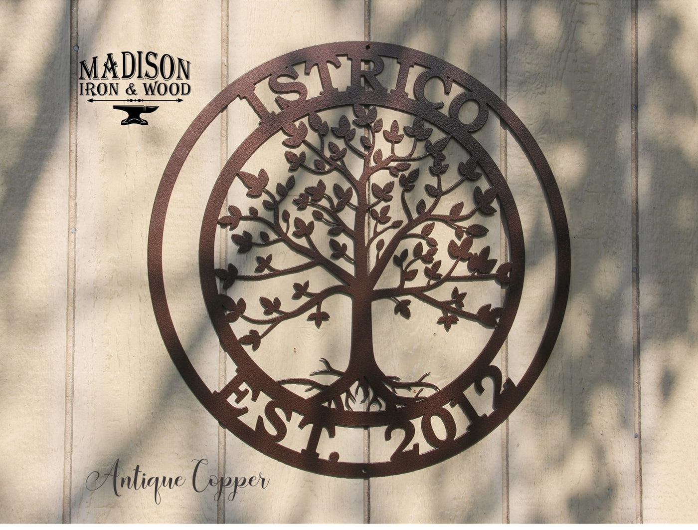 Personalized Tree of Life Round Metal Sign with Name and EST. Date - Madison Iron and Wood - Monogram Sign - metal outdoor decor - Steel deocrations - american made products - veteran owned business products - fencing decorations - fencing supplies - custom wall decorations - personalized wall signs - steel - decorative post caps - steel post caps - metal post caps - brackets - structural brackets - home improvement - easter - easter decorations - easter gift - easter yard decor