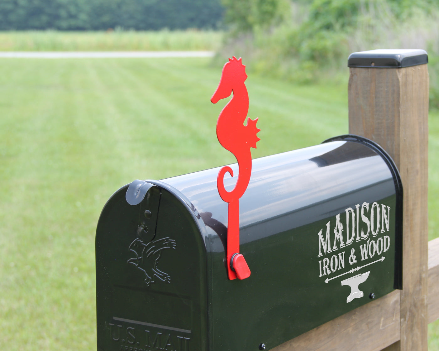 Sea Horse Mailbox Flag - Madison Iron and Wood - Mailbox Post Decor - metal outdoor decor - Steel deocrations - american made products - veteran owned business products - fencing decorations - fencing supplies - custom wall decorations - personalized wall signs - steel - decorative post caps - steel post caps - metal post caps - brackets - structural brackets - home improvement - easter - easter decorations - easter gift - easter yard decor