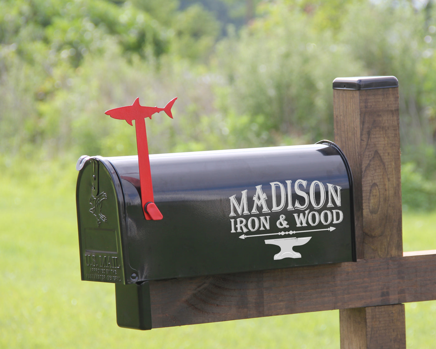 Shark Mailbox Flag - Madison Iron and Wood - Mailbox Post Decor - metal outdoor decor - Steel deocrations - american made products - veteran owned business products - fencing decorations - fencing supplies - custom wall decorations - personalized wall signs - steel - decorative post caps - steel post caps - metal post caps - brackets - structural brackets - home improvement - easter - easter decorations - easter gift - easter yard decor