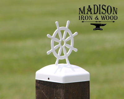 4x4 Ship Wheel Post Cap - Madison Iron and Wood - Post Cap - metal outdoor decor - Steel deocrations - american made products - veteran owned business products - fencing decorations - fencing supplies - custom wall decorations - personalized wall signs - steel - decorative post caps - steel post caps - metal post caps - brackets - structural brackets - home improvement - easter - easter decorations - easter gift - easter yard decor