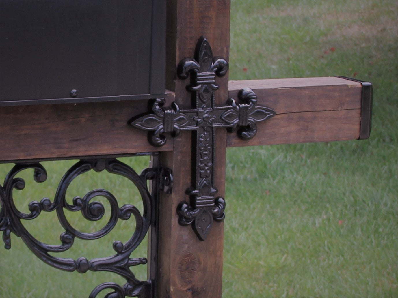 Cross Themed Wrought Iron Mailbox Post Dress Up Kit (Mailbox and post NOT included) - Madison Iron and Wood - Mailbox Post Decor - metal outdoor decor - Steel deocrations - american made products - veteran owned business products - fencing decorations - fencing supplies - custom wall decorations - personalized wall signs - steel - decorative post caps - steel post caps - metal post caps - brackets - structural brackets - home improvement - easter - easter decorations - easter gift - easter yard decor