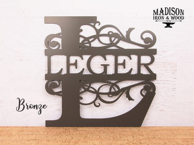 Personalized Split Monogram Metal Sign with Name - Madison Iron and Wood - Monogram Sign - metal outdoor decor - Steel deocrations - american made products - veteran owned business products - fencing decorations - fencing supplies - custom wall decorations - personalized wall signs - steel - decorative post caps - steel post caps - metal post caps - brackets - structural brackets - home improvement - easter - easter decorations - easter gift - easter yard decor