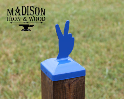 4x4 Peace Hand Gesture Post Cap - Madison Iron and Wood - Post Cap - metal outdoor decor - Steel deocrations - american made products - veteran owned business products - fencing decorations - fencing supplies - custom wall decorations - personalized wall signs - steel - decorative post caps - steel post caps - metal post caps - brackets - structural brackets - home improvement - easter - easter decorations - easter gift - easter yard decor