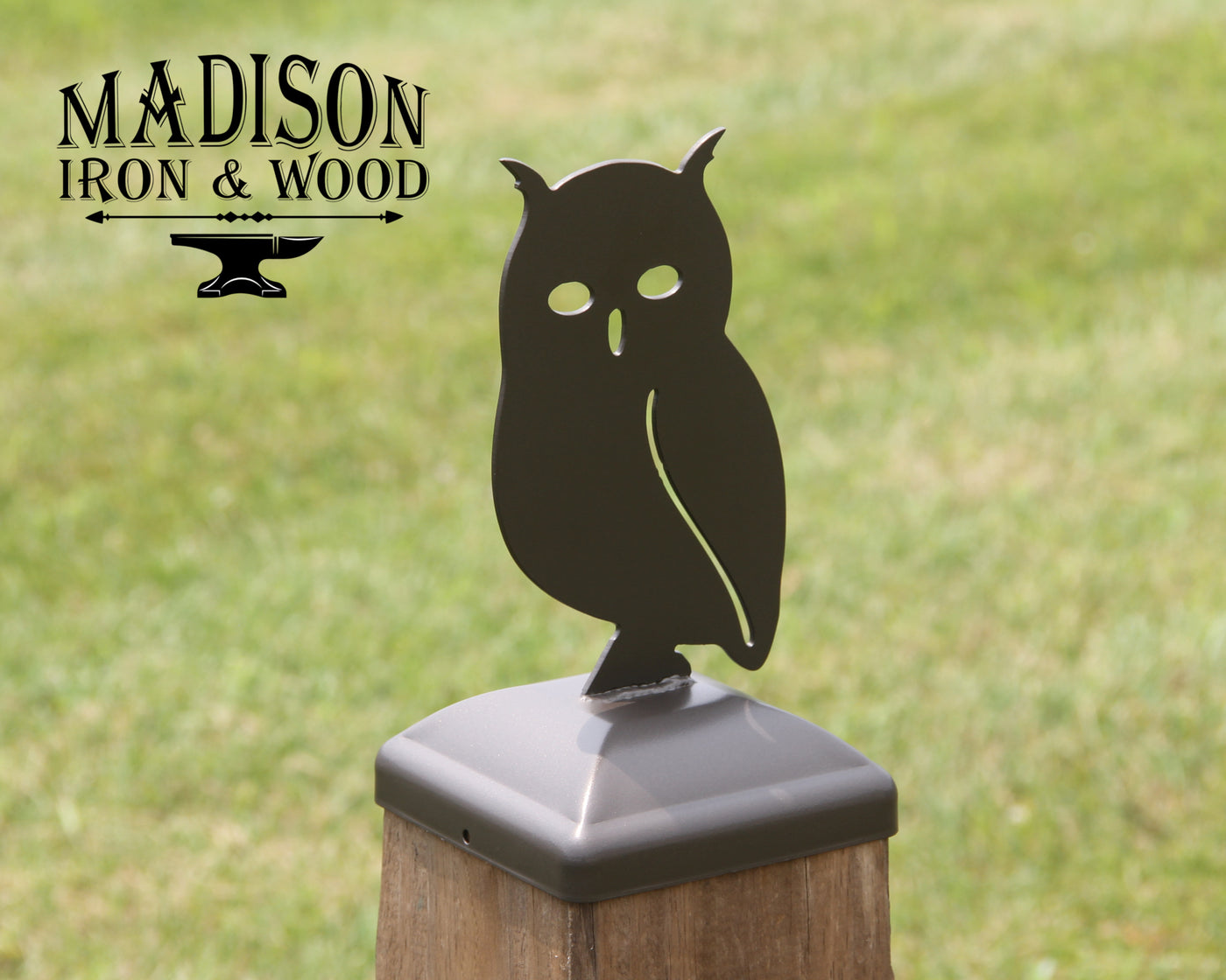 6x6 Owl Post Cap - Madison Iron and Wood - Post Cap - metal outdoor decor - Steel deocrations - american made products - veteran owned business products - fencing decorations - fencing supplies - custom wall decorations - personalized wall signs - steel - decorative post caps - steel post caps - metal post caps - brackets - structural brackets - home improvement - easter - easter decorations - easter gift - easter yard decor