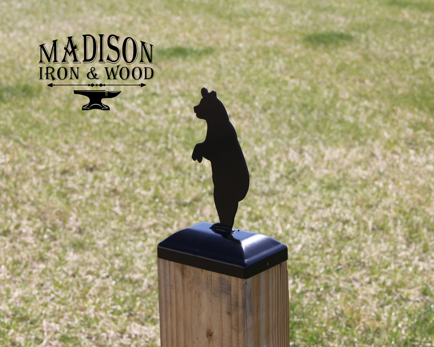 4x6 Standing Bear Post Cap - Madison Iron and Wood - Post Cap - metal outdoor decor - Steel deocrations - american made products - veteran owned business products - fencing decorations - fencing supplies - custom wall decorations - personalized wall signs - steel - decorative post caps - steel post caps - metal post caps - brackets - structural brackets - home improvement - easter - easter decorations - easter gift - easter yard decor