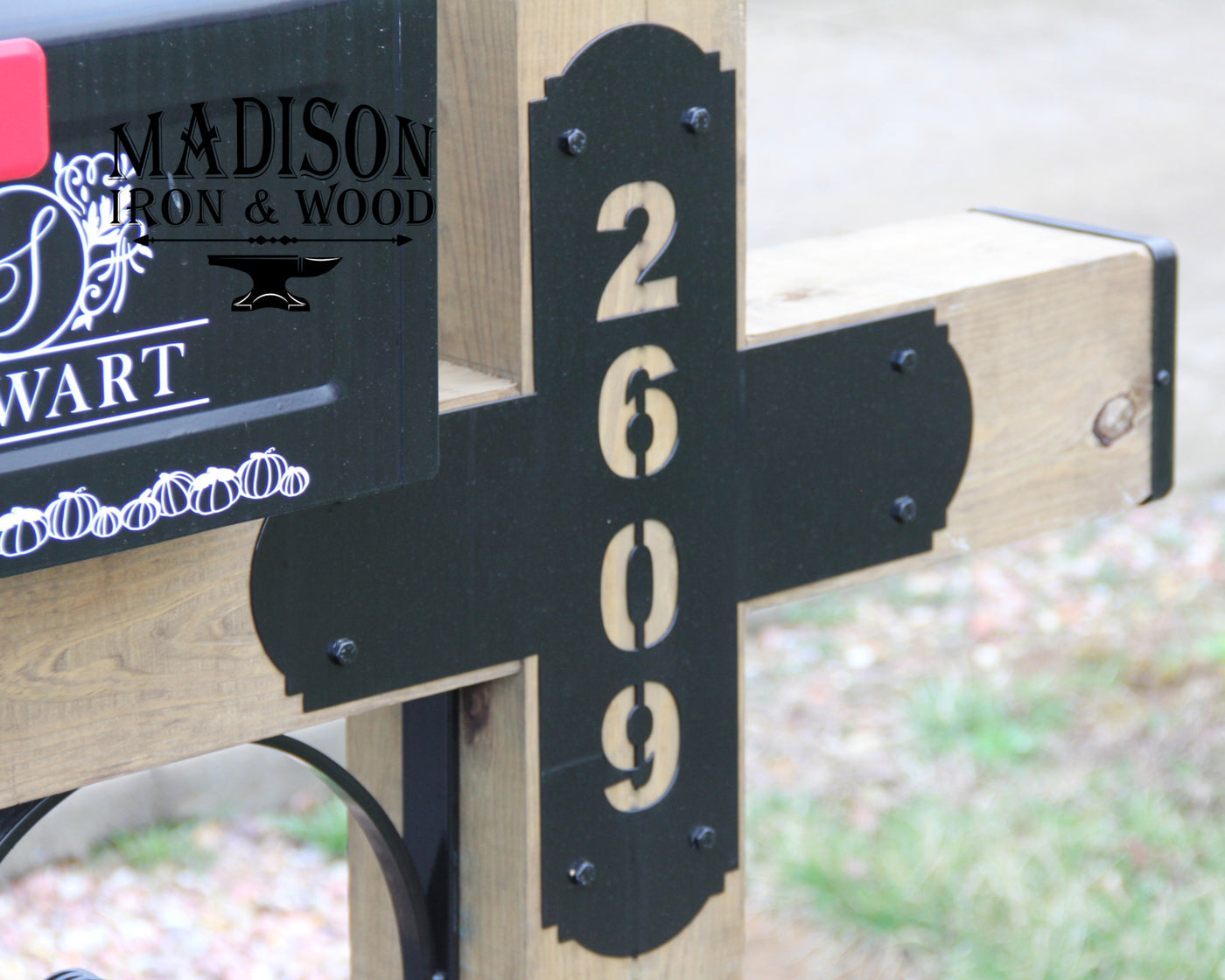 6x6 Scrolled Wrought Iron Mailbox Post Dress Up Kit (Mailbox and post NOT included) - Madison Iron and Wood - Mailbox Post Decor - metal outdoor decor - Steel deocrations - american made products - veteran owned business products - fencing decorations - fencing supplies - custom wall decorations - personalized wall signs - steel - decorative post caps - steel post caps - metal post caps - brackets - structural brackets - home improvement - easter - easter decorations - easter gift - easter yard decor