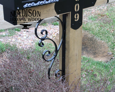 6x6 Scrolled Wrought Iron Mailbox Post Dress Up Kit (Mailbox and post NOT included) - Madison Iron and Wood - Mailbox Post Decor - metal outdoor decor - Steel deocrations - american made products - veteran owned business products - fencing decorations - fencing supplies - custom wall decorations - personalized wall signs - steel - decorative post caps - steel post caps - metal post caps - brackets - structural brackets - home improvement - easter - easter decorations - easter gift - easter yard decor