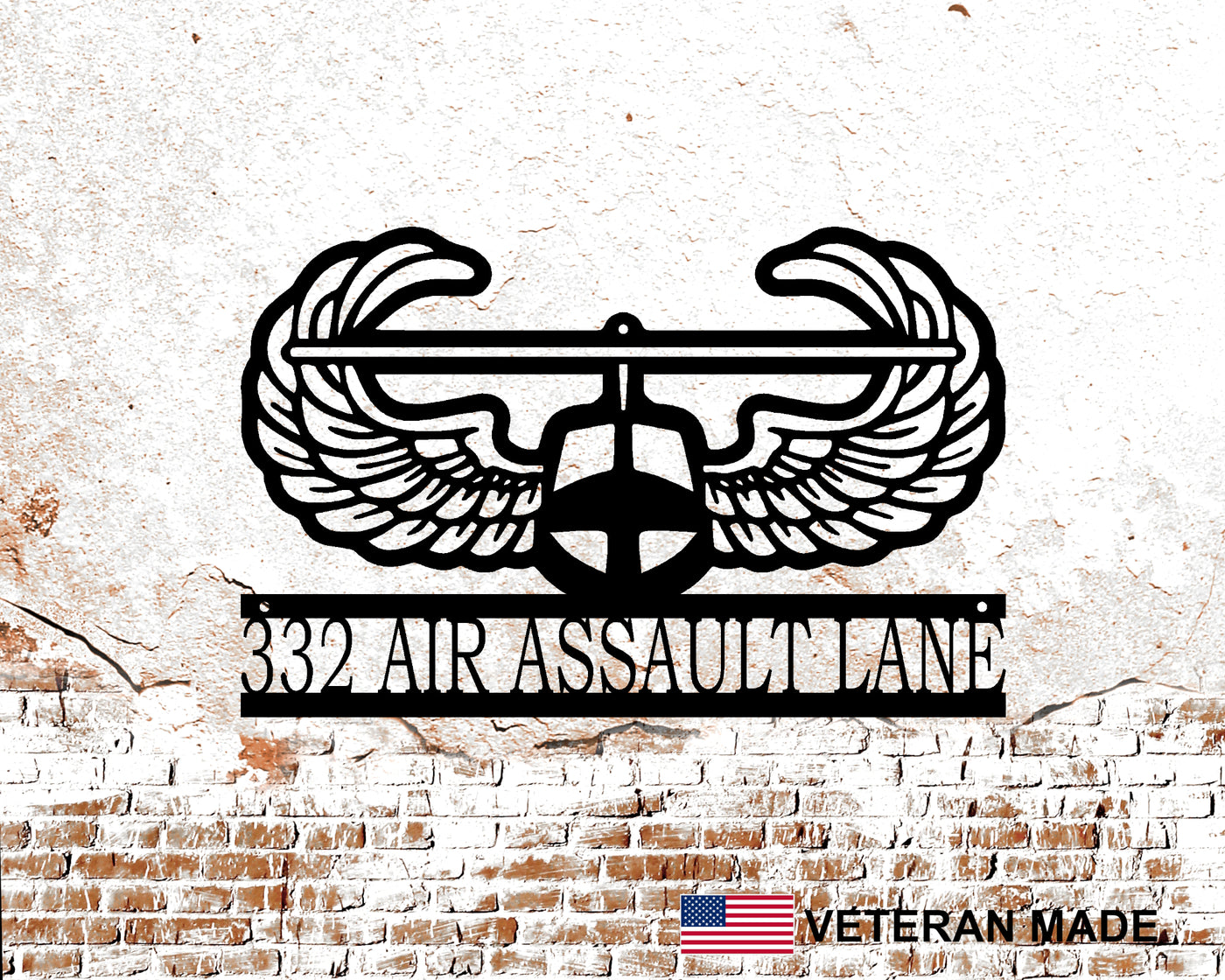 Personalized Air Assault Wings Metal Sign with Rank and Name - Madison Iron and Wood - Personalized sign - metal outdoor decor - Steel deocrations - american made products - veteran owned business products - fencing decorations - fencing supplies - custom wall decorations - personalized wall signs - steel - decorative post caps - steel post caps - metal post caps - brackets - structural brackets - home improvement - easter - easter decorations - easter gift - easter yard decor