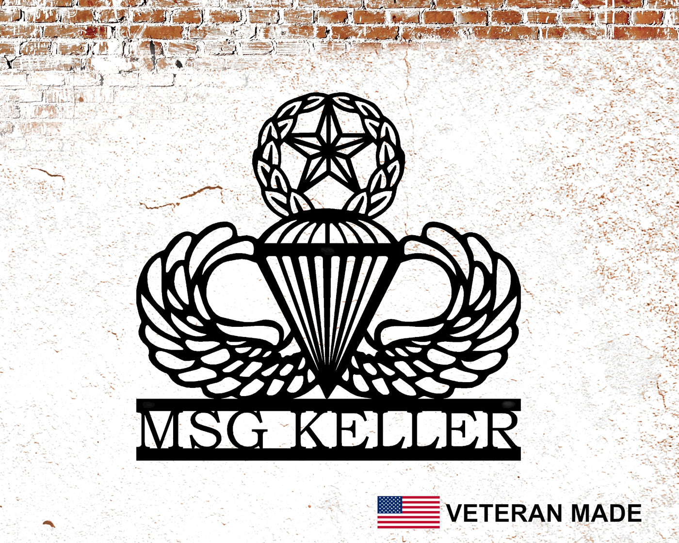 Personalized Airborne Master Parachutist Wings Metal Sign with Rank and Name - Madison Iron and Wood - Personalized sign - metal outdoor decor - Steel deocrations - american made products - veteran owned business products - fencing decorations - fencing supplies - custom wall decorations - personalized wall signs - steel - decorative post caps - steel post caps - metal post caps - brackets - structural brackets - home improvement - easter - easter decorations - easter gift - easter yard decor