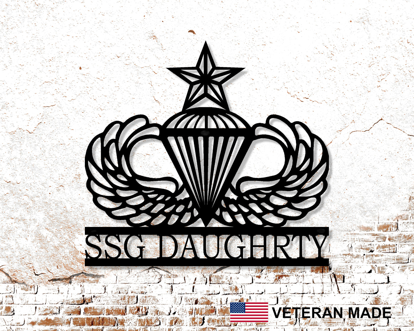 Personalized Airborne Senior Parachutist Wings Metal Sign with Rank and Name - Madison Iron and Wood - Personalized sign - metal outdoor decor - Steel deocrations - american made products - veteran owned business products - fencing decorations - fencing supplies - custom wall decorations - personalized wall signs - steel - decorative post caps - steel post caps - metal post caps - brackets - structural brackets - home improvement - easter - easter decorations - easter gift - easter yard decor
