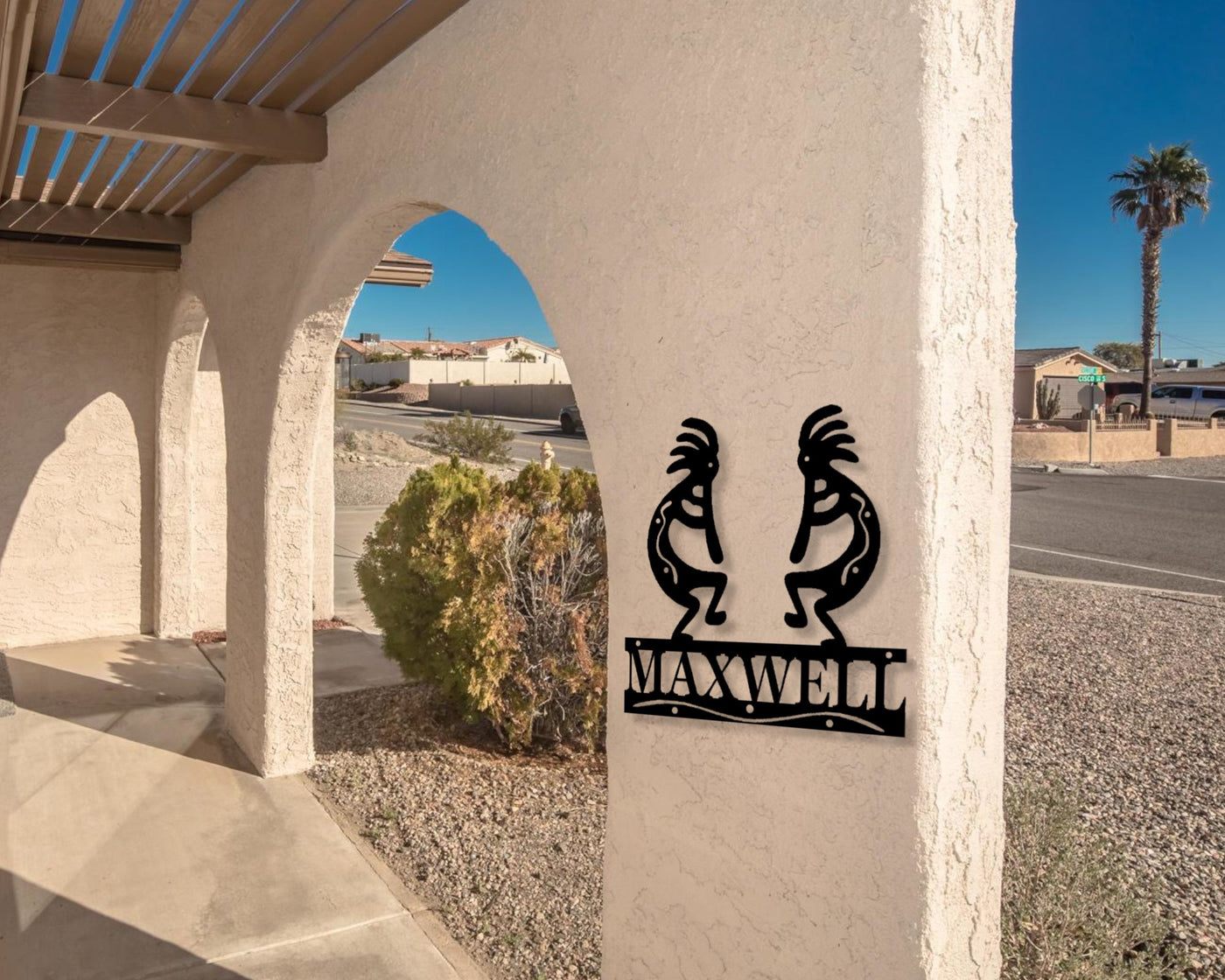 Personalized Kokopelli Metal Sign with Name or Street Address Numbers - Madison Iron and Wood - Personalized sign - metal outdoor decor - Steel deocrations - american made products - veteran owned business products - fencing decorations - fencing supplies - custom wall decorations - personalized wall signs - steel - decorative post caps - steel post caps - metal post caps - brackets - structural brackets - home improvement - easter - easter decorations - easter gift - easter yard decor