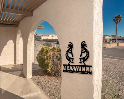 Personalized Kokopelli Metal Sign with Name or Street Address Numbers - Madison Iron and Wood - Personalized sign - metal outdoor decor - Steel deocrations - american made products - veteran owned business products - fencing decorations - fencing supplies - custom wall decorations - personalized wall signs - steel - decorative post caps - steel post caps - metal post caps - brackets - structural brackets - home improvement - easter - easter decorations - easter gift - easter yard decor