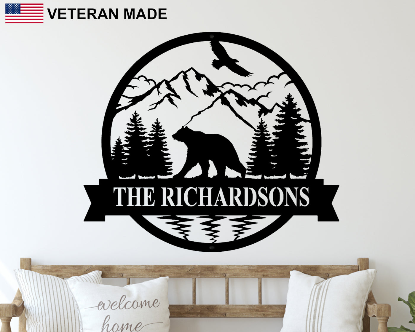 Personalized Bear in Woods Circular Metal Sign - Madison Iron and Wood - Personalized sign - metal outdoor decor - Steel deocrations - american made products - veteran owned business products - fencing decorations - fencing supplies - custom wall decorations - personalized wall signs - steel - decorative post caps - steel post caps - metal post caps - brackets - structural brackets - home improvement - easter - easter decorations - easter gift - easter yard decor